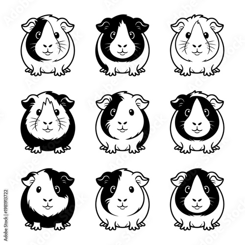 Vector of nine adorable guinea pigs in in a grid layout
