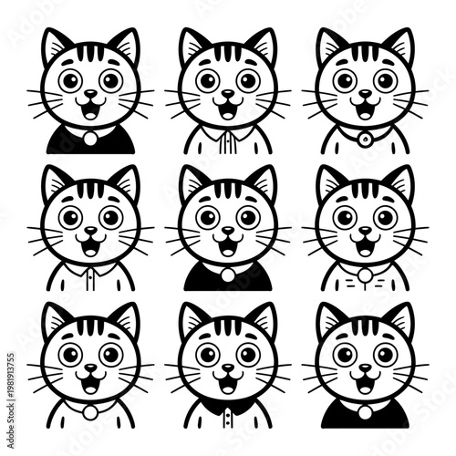 Vector of nine cartoon cats with different facial expressions and collars