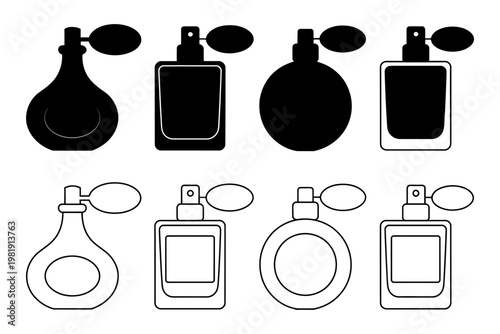 Vectors of different types of perfume bottles including oval, round, and square shapes