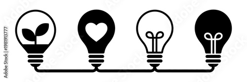 Vector of four connected lightbulbs with unique symbols inside each