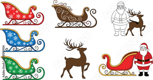 Festive Christmas Sleigh, Santa, and Reindeer Vector Set for Holiday, Christmas Eve, and Winter Celebration Design