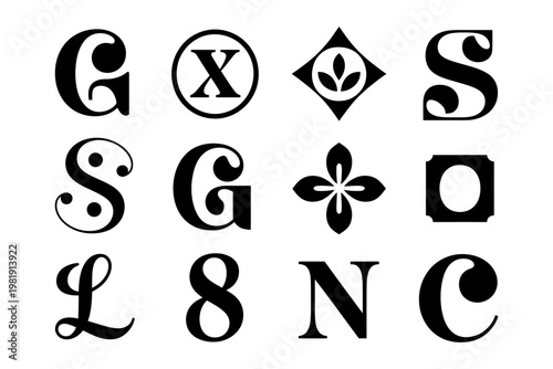 Collection of stylized vector typographic elements and symbols arranged in a grid pattern