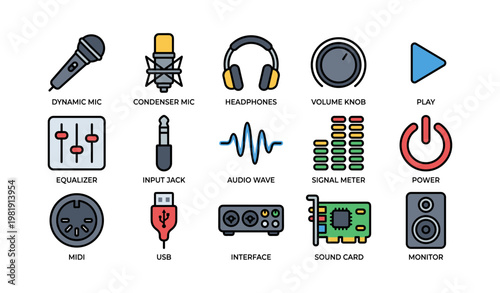Audio equipment icons: microphones, headphones, knobs, and sound cards