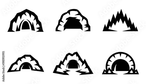 Vector graphic displaying six stylized cave openings with jagged borders