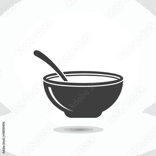 Simple Black and White Illustration of a Soup or Food Bowl with Utensil