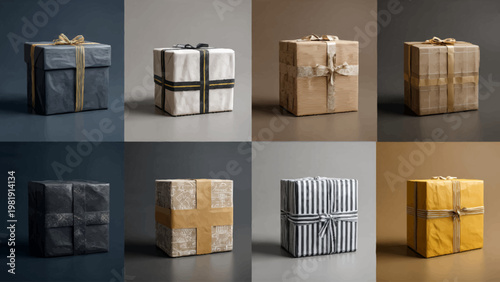 Various wrapped presents in different colors and patterns on a globe-inspired modern background