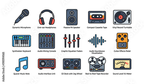 Collection of audio equipment icons featuring microphone headphones speaker cassette tape