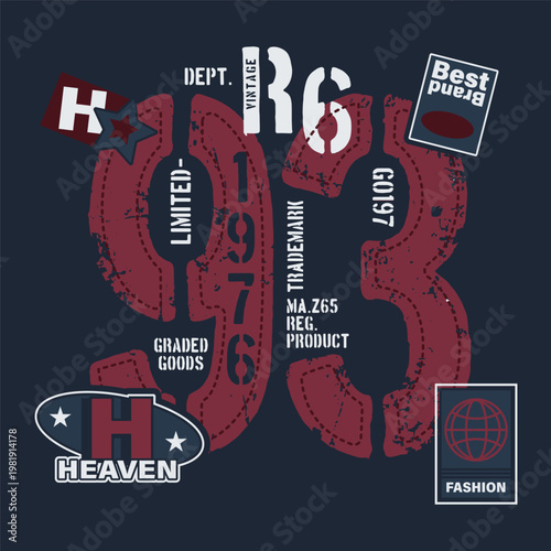 Vintage style number typography design with grunge texture, abstract elements and urban fashion theme for t-shirt and apparel printing.