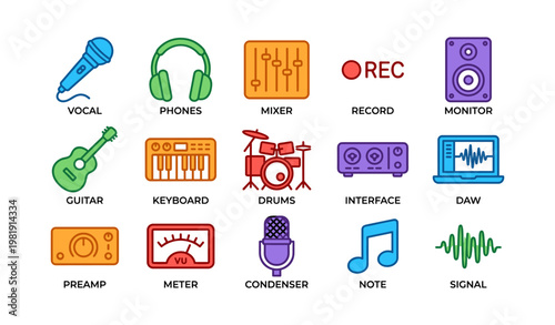 Colorful music equipment icons featuring microphone headphones guitar and drum set