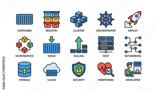 Colorful icons representing various cloud computing and devops concepts