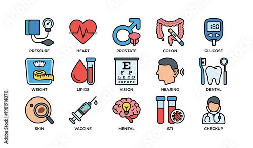 Essential health checkup icons: heart, prostate, colon, glucose, dental, vision, vaccine
