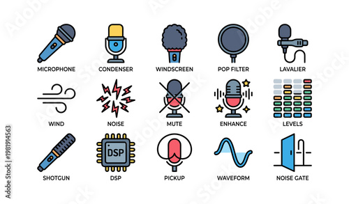 Audio equipment icons: microphone, windscreen, lavalier, dsp, noise gate