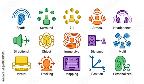 Icon set of spatial and surround sound concepts with technology symbols