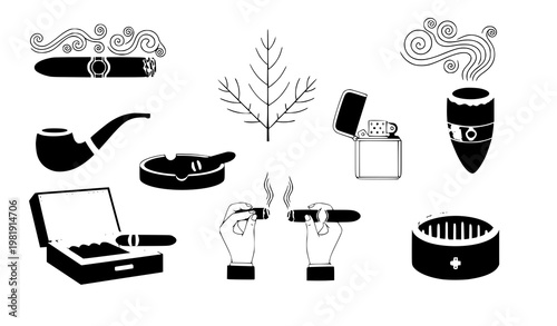 Vintage cigar lounge icon set tobacco smoking vector collection