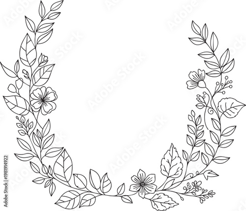 Hand drawn floral semi circle wreath sketch with botanical semicircle ornament
