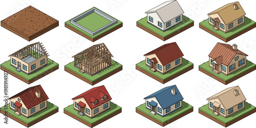 Isometric House Construction Stages Vector Set Featuring Foundation, Framing, Roofing, and Finished Homes for Real Estate and Architecture Projects