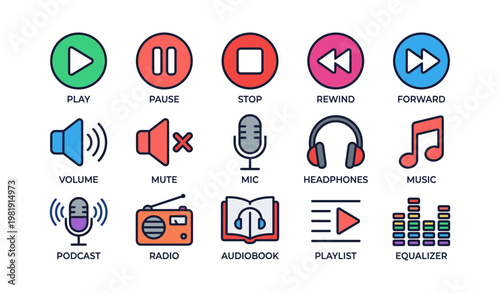 Multimedia icons: play, pause, stop, rewind, forward, volume, mute, mic, headphones, music, podcast, radio, audiobook, playlist, equalizer