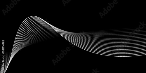 Abstract background with waves for banner. Medium banner size. Vector background with lines. Element for design isolated on black. Black and white. Brochure, booklet