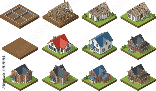 Isometric House Construction Vector Collection Showing Foundation, Framing, Roof Installation, and Completed Homes for Real Estate and Building Concepts