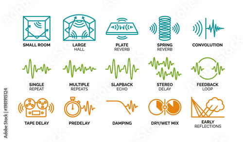 Audio effect icons: reverb, echo, delay, feedback, damping