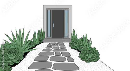 Modern front entrance with stone pathway and succulent plants  