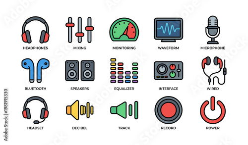 Audio equipment icons set featuring headphones, mixer, speakers, and microphone