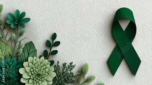 Minimal Mental Health Awareness Month concept with a green ribbon, paper flowers, and textured ivory background in fresh green shades