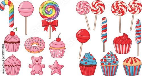 Sweet Candy and Cupcake Vector Set with Lollipops, Donuts, Teddy Bears, and Colorful Treats for Dessert and Party Design