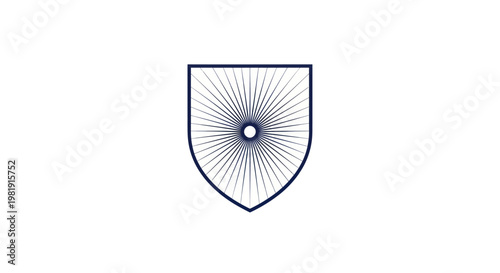 A centered, navy shield graphic with sunburst rays emanating from a central circle