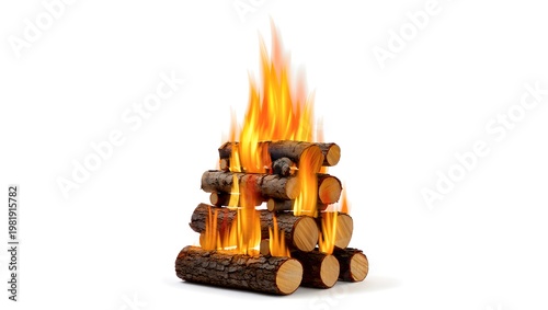 Isolated burning firewood with orange flames