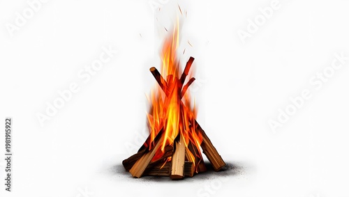 Roaring campfire with tall flames on logs
