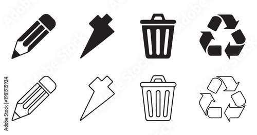 Pencil lightning bolt trash can and recycle symbol set of flat and line icons for office and school.