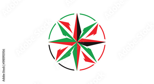 A star compass design with red, green, black elements. Set in a white background with circular outer elements
