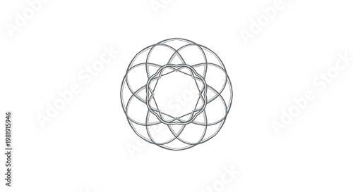 A grayscale, complex geometric shape comprised of overlapping circles within a white background
