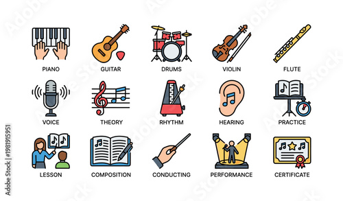 Musical instruments and concepts icons: piano, guitar, drums, violin, flute, voice, theory