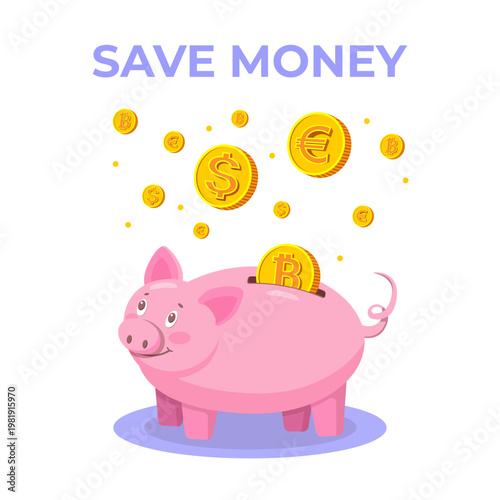 Pink piggy bank. Gold, yellow euro coins, dollar, bitcoin fall into the Moneybox. The concept of saving money, deposit, advertising a bank, a commercial organization