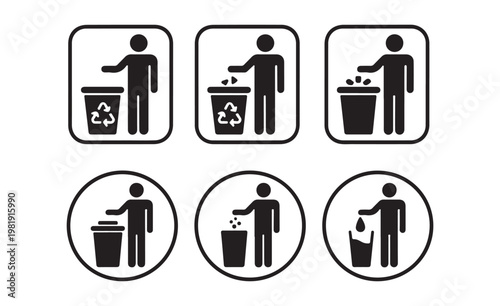 People throwing garbage into recycling bins with different waste types in square and circle frames.