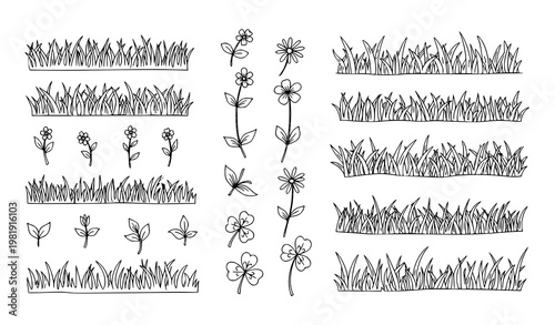 Hand drawn grass doodle set with sketchy lawn borders sprout flower and clover outline vector