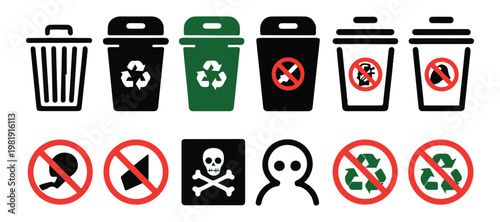 Prohibited waste management icons with trash bins recycling signs and danger skull warning symbols.