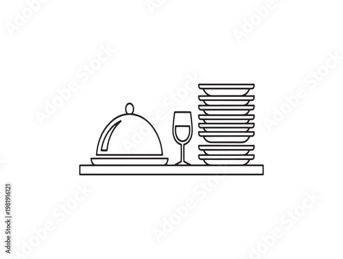Elegant dining setup silver dome wine glass and stacked plates illustration