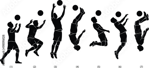 Black silhouette illustration sequence of soccer player performing bicycle kick in seven stages, showing dynamic motion, ball position, and athletic progression
