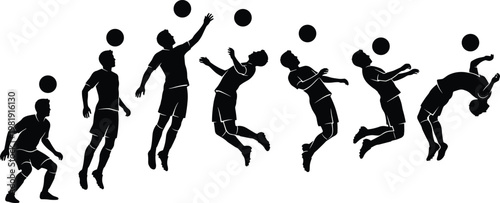 Black silhouette sequence illustration of soccer player performing bicycle kick with ball, showing athletic motion, acrobatic technique, and dynamic progression