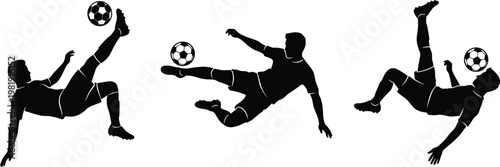 Black silhouette illustration of soccer players performing dynamic bicycle and sliding kicks with ball, emphasizing athletic skill, acrobatic motion, and competitive energy