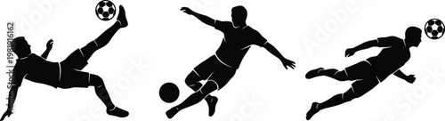Black silhouette illustration of soccer players performing bicycle kick, sliding tackle, and diving header with ball, emphasizing athletic skill, motion, and competitive energy