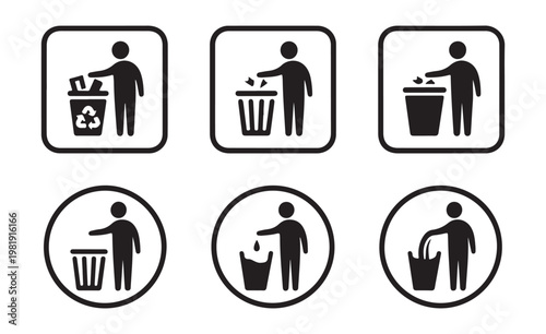 Person disposing waste in various trash bins icons for recycling and environmental awareness signs.