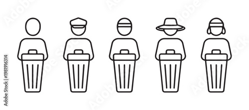 Set of human-like garbage can icons with different hat styles, representing waste disposal.