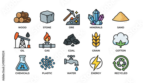 Icons of natural resources: wood, stone, ore, minerals, sand, and more