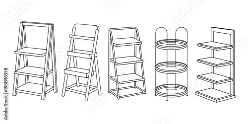 Five different display stands and shelving units in outline style retail display product display store fixture in white background