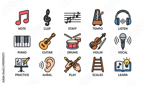 Musical instruments and symbols icon set with note, clef, drums, and more