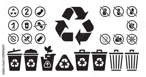 Collection of recycling and waste management icons and symbols for environmental awareness and sustainability.